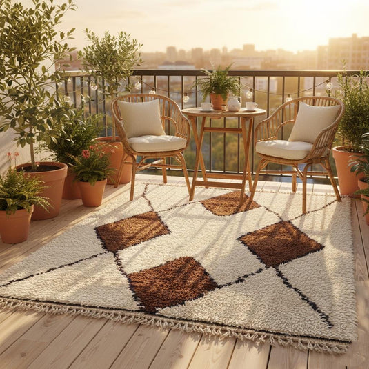 Translation missing: es.Neutral ivory wool area rug featuring large brown diamonds and dark trim — cozy high-pile Moroccan design for home décor