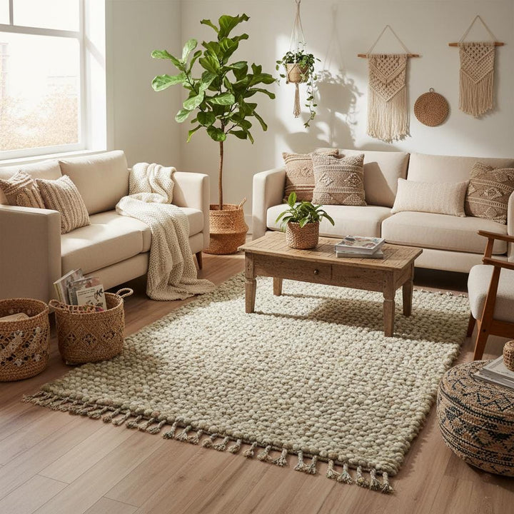 Translation missing: es.Handwoven Wool Pebble Rug – Sage Green &amp; Cream, Boho Nursery Rug