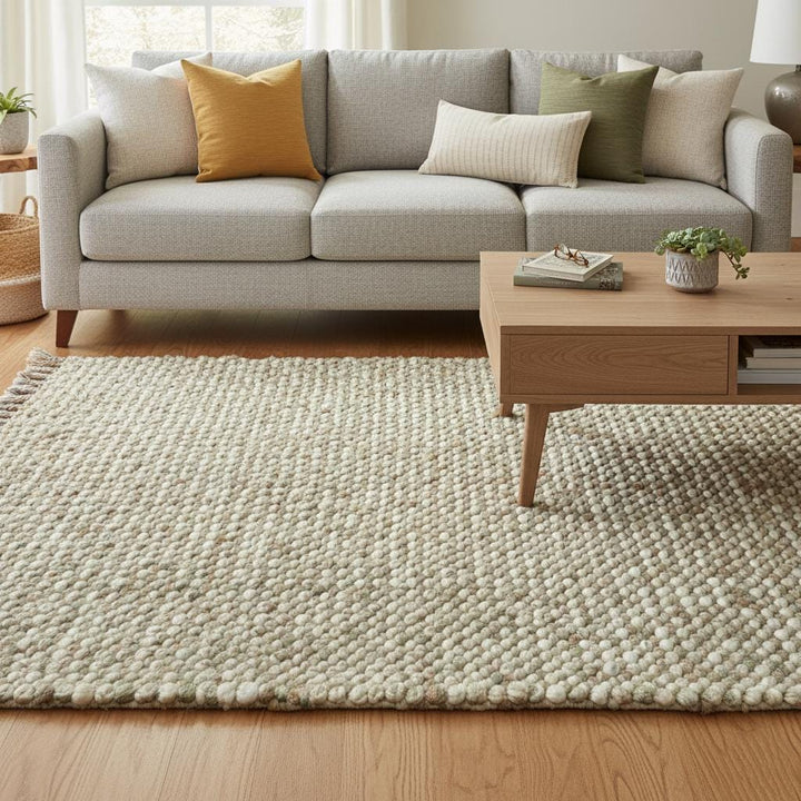 Translation missing: es.Handwoven Wool Pebble Rug – Sage Green &amp; Cream, Boho Nursery Rug