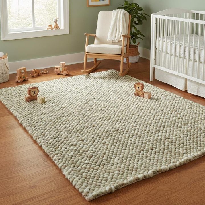Translation missing: es.Handwoven Wool Pebble Rug – Sage Green &amp; Cream, Boho Nursery Rug