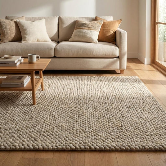 Translation missing: es.Handwoven chunky Wool Pebble Rug, Neutral Beige Textured Area Rug, Scandinavian Minimalist Living Room Carpet, Thick Cozy Natural Home Decor