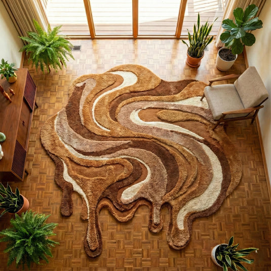 Translation missing: es.Irregular shaped abstract rug with carved texture in earth tones for modern living room
