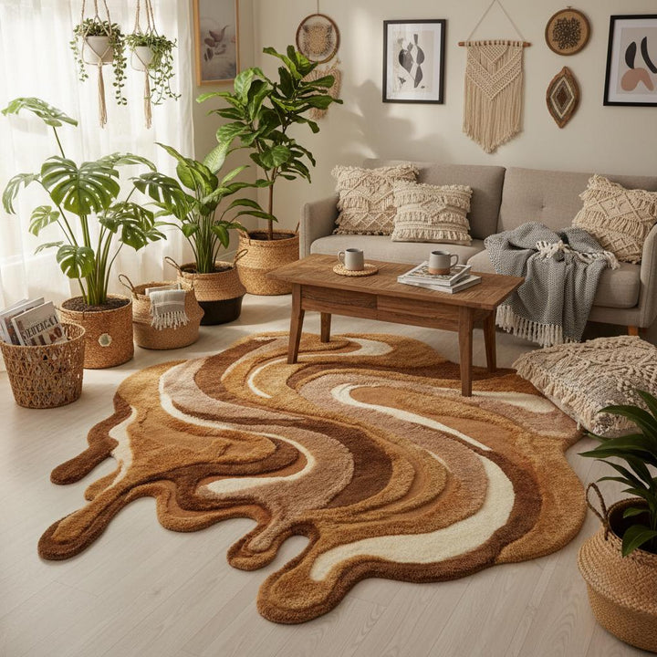 Translation missing: es.Melting style abstract rug with sculptural curves, neutral brown designer rug perfect for modern living room spaces