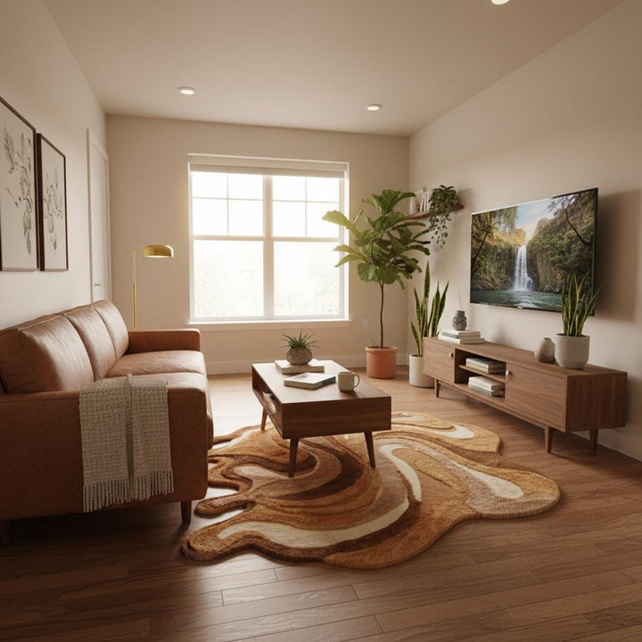 Translation missing: es.Carved texture irregular rug in beige and brown, artistic modern area rug with freeform silhouette