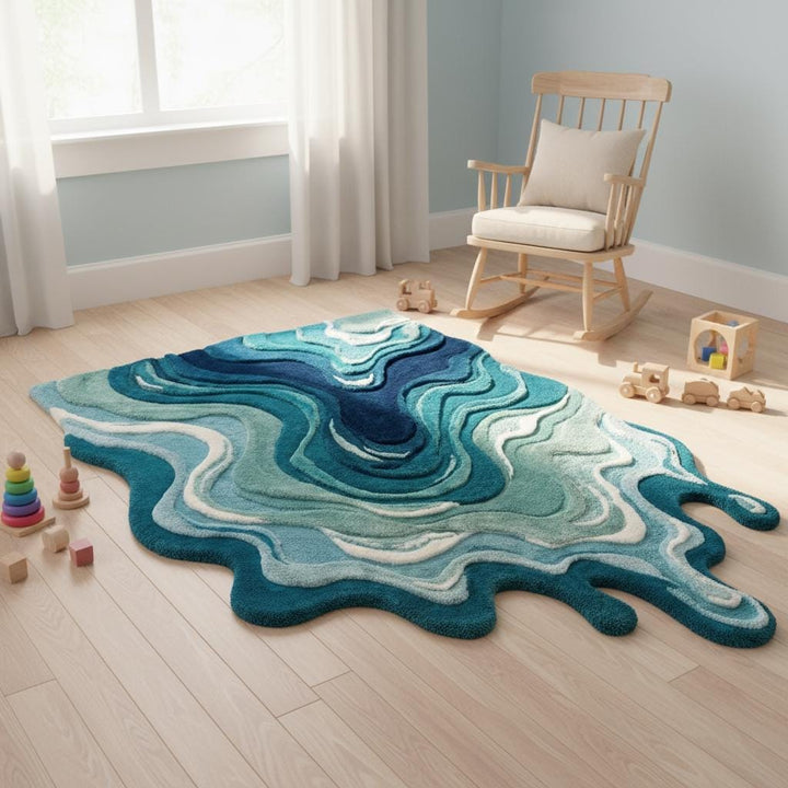 Translation missing: es.Irregular Shaped Melting Rug, Hand Tufted Blue Abstract Swirl Modern Art Carpet
