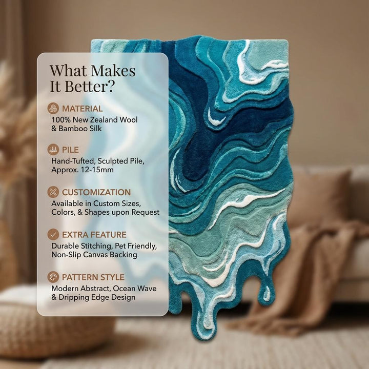 Translation missing: es.Irregular Shaped Melting Rug, Hand Tufted Blue Abstract Swirl Modern Art Carpet