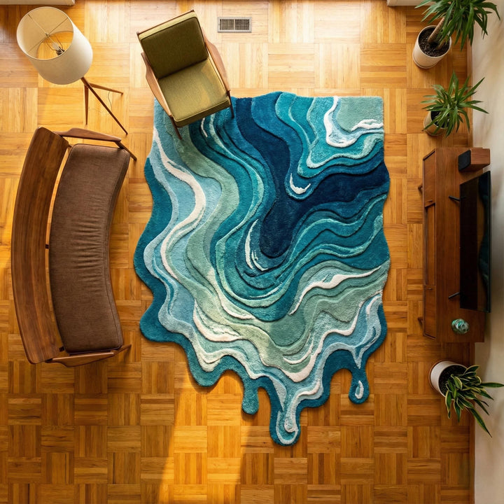 Translation missing: es.Irregular shaped melting rug with hand tufted blue abstract swirl and modern art design