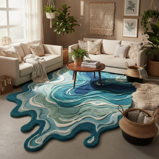 Translation missing: es.Modern melting rug inspired by liquid flow and ocean waves, designer abstract carpet for contemporary interiors
