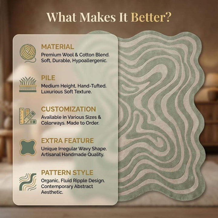 Translation missing: es.Irregular Squiggly Abstract Sage Green Rug, Modern Wavy Hand Tufted Accent Rug
