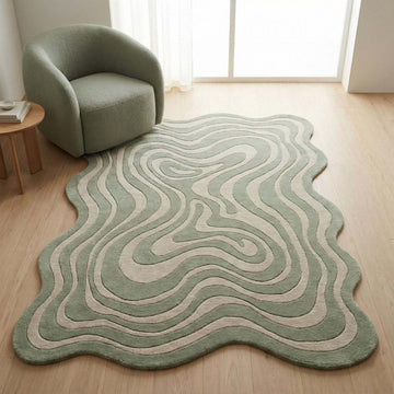 Translation missing: es.Irregular squiggly abstract sage green hand tufted accent rug with wavy lines and organic shape