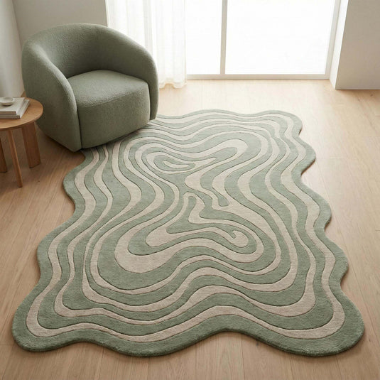 Translation missing: es.Irregular squiggly abstract sage green hand tufted accent rug with wavy lines and organic shape