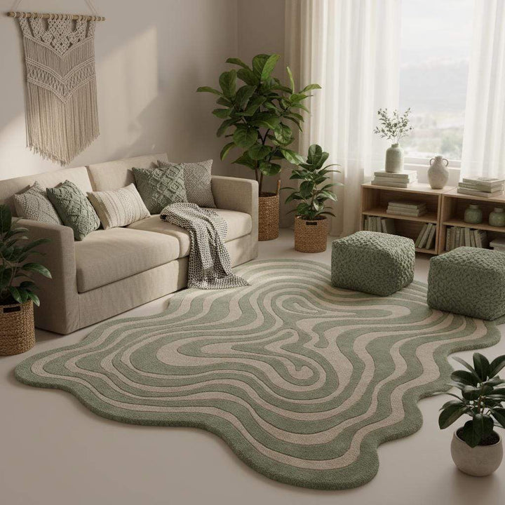 Translation missing: es.Modern sage green accent rug styled beside a lounge chair in a bright neutral interior