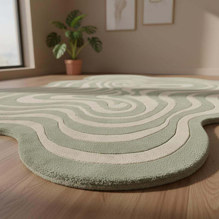 Translation missing: es.Irregular Squiggly Abstract Sage Green Rug, Modern Wavy Hand Tufted Accent Rug