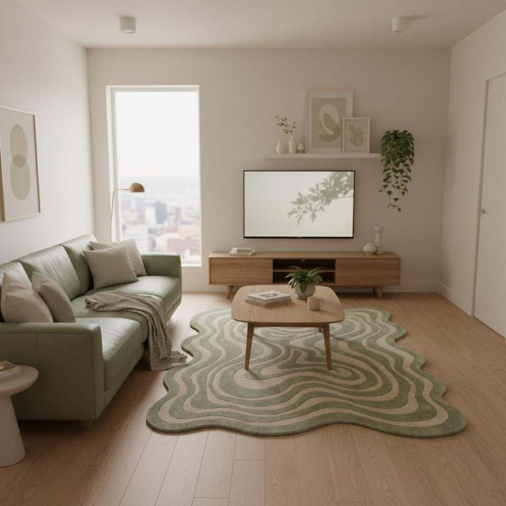 Translation missing: es.Handmade tufted rug showcasing artisan craftsmanship and natural pile variations