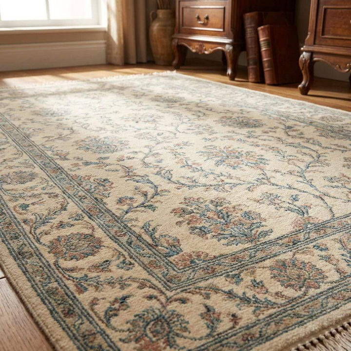 Translation missing: en.Ivory Blue Floral Hand Knotted Wool Area Rug