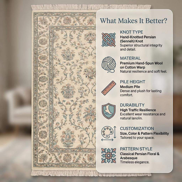Translation missing: en.Ivory Blue Floral Hand Knotted Wool Area Rug