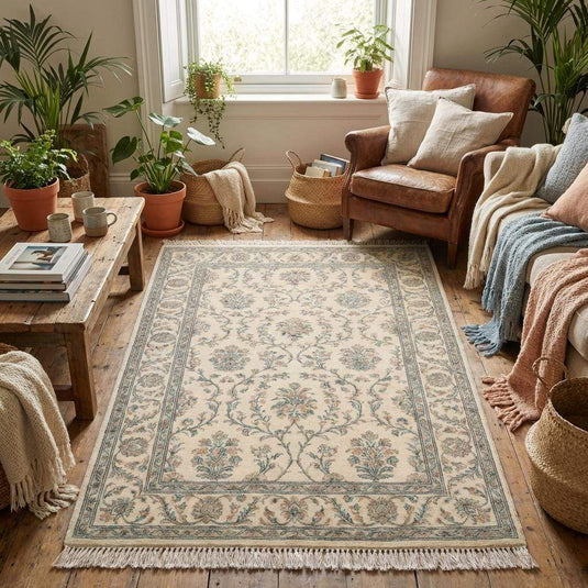 Translation missing: es.Persian style ivory blue wool rug styled in elegant home setting