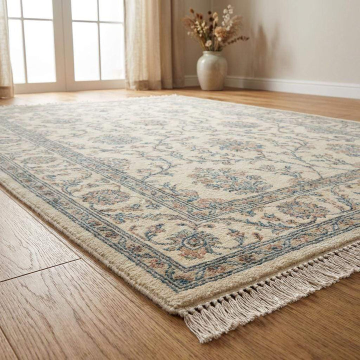 Translation missing: en.Ivory Blue Floral Hand Knotted Wool Area Rug