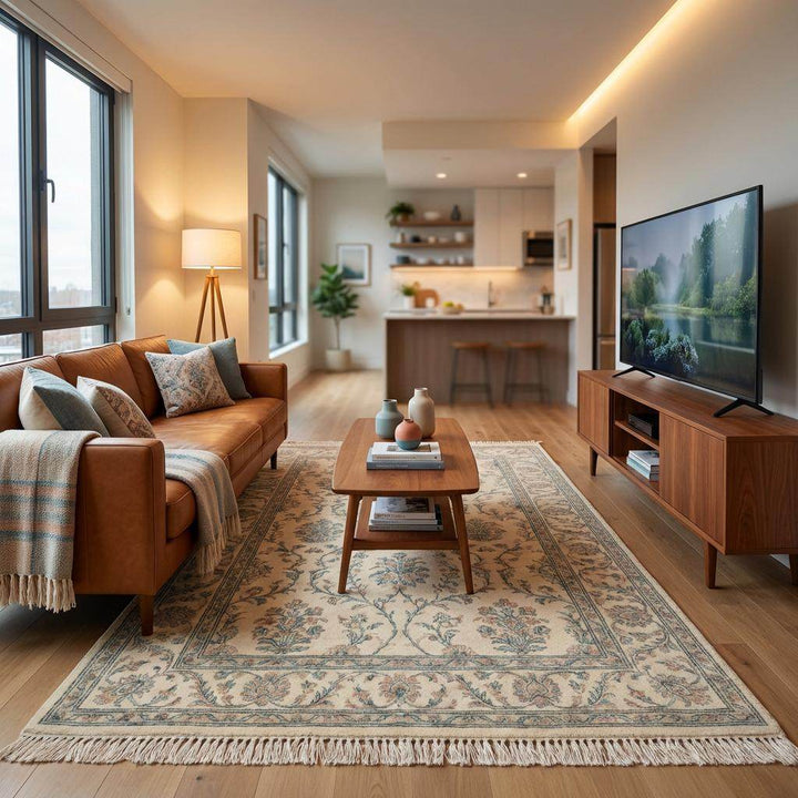 Translation missing: en.Classic ivory hand knotted area rug with dusty blue floral border