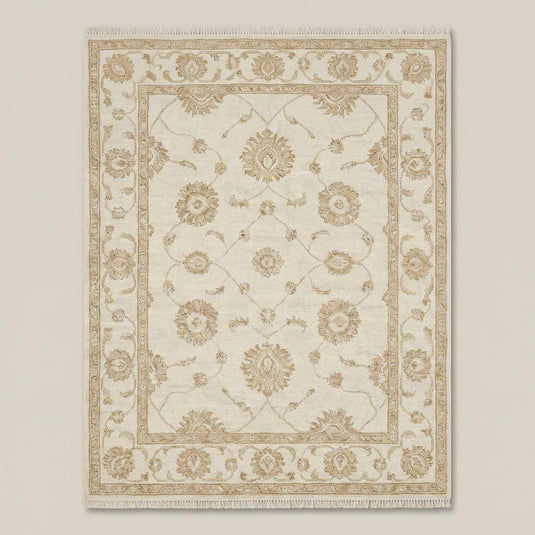Translation missing: en.Neutral beige and ivory hand knotted floral rug with classic Oushak border design
