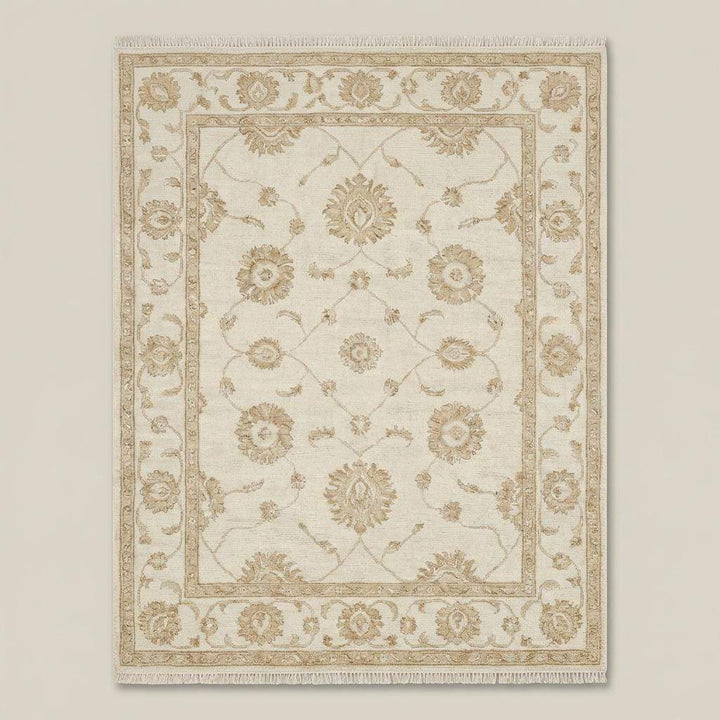 Translation missing: en.Neutral beige and ivory hand knotted floral rug with classic Oushak border design