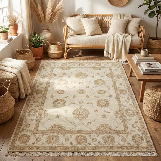 Translation missing: en.Artisan made hand knotted wool rug styled in modern minimalist interior