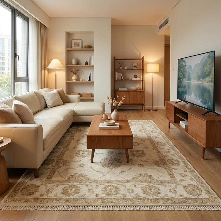Translation missing: en.Traditional hand knotted Oushak rug with low pile wool and soft neutral tones