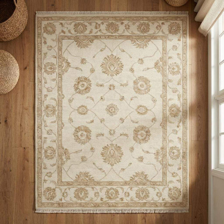 Translation missing: en.Ivory Oushak Area Rug, Hand Knotted Wool Floral Living Room Rug