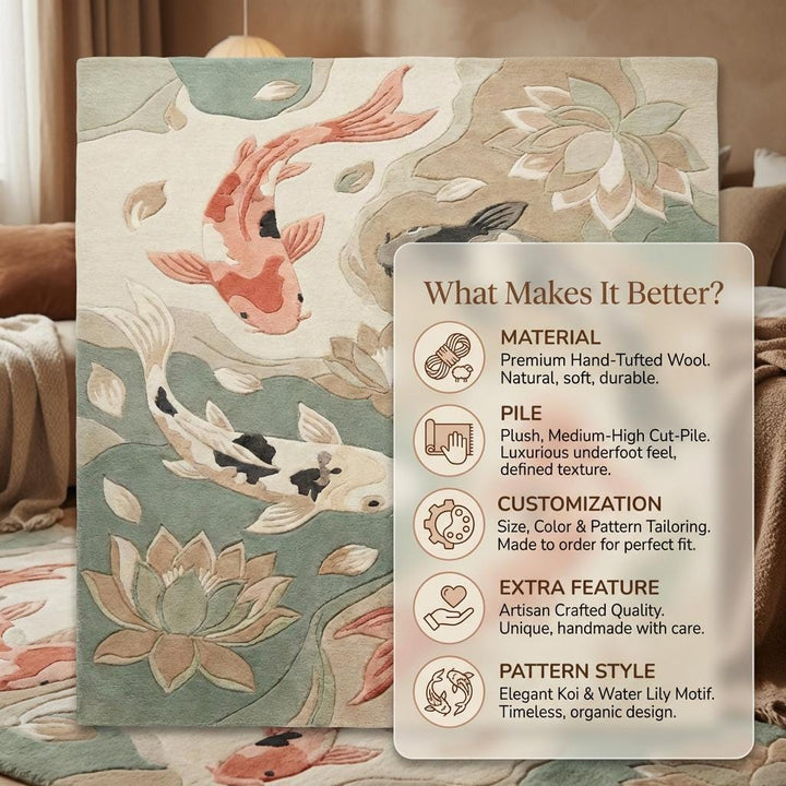 Translation missing: en.Koi Fish Area Rug, Japanese Zen Lotus Pond Living Room Floor Decor