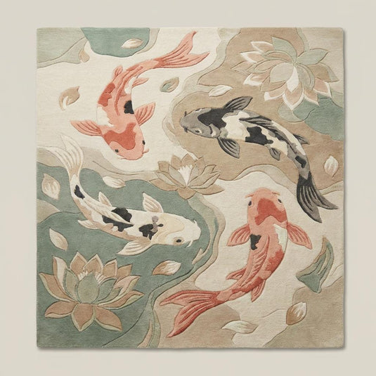 Translation missing: es.Top-down view of Japanese koi pond area rug displaying full fish pattern, flowing water shapes, lotus flowers, and balanced neutral color palette