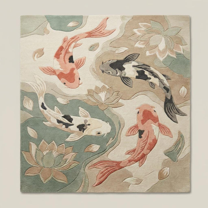 Translation missing: en.Top-down view of Japanese koi pond area rug displaying full fish pattern, flowing water shapes, lotus flowers, and balanced neutral color palette