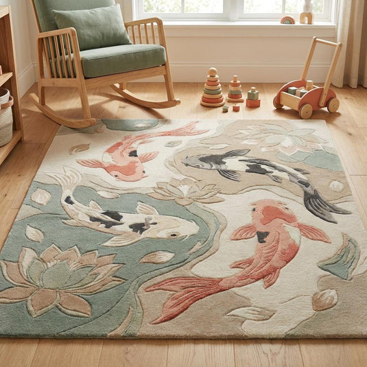 Translation missing: es.Soft koi fish nursery rug styled in a child’s room, creating a calming, nature-inspired floor space with gentle colors and plush comfort
