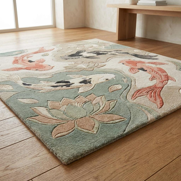 Translation missing: en.Detailed corner view of koi lotus rug showing clean edges, carved pile depth, and smooth finishing for premium area rug quality