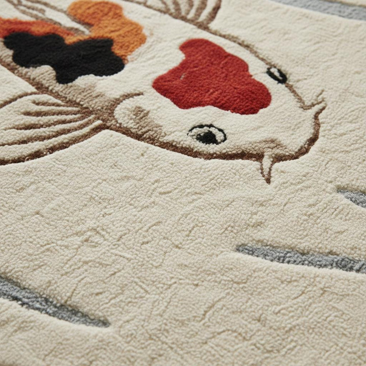Translation missing: es.Close-up of koi fish rug texture showing soft pile fibers, stitched fish details, water ripple pattern, and high-quality craftsmanship on a cream background for a plush decorative area rug