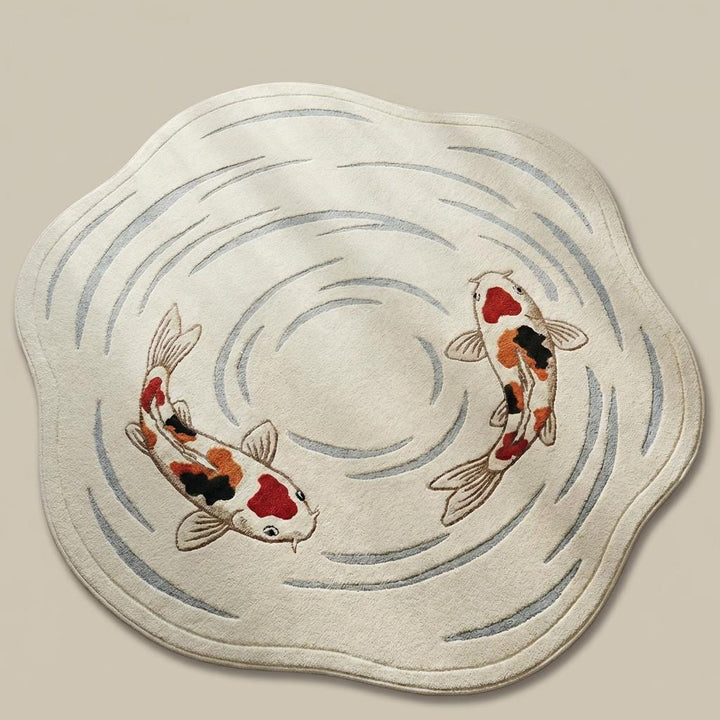 Translation missing: es.Top-down view of koi fish area rug showing complete circular fish design, flowing water ripple pattern, organic shape, and balanced minimalist layout on a neutral cream base