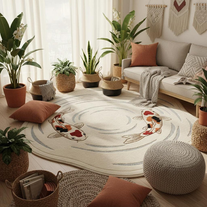 Translation missing: es.Decorative koi fish rug placed in a modern living room, complementing neutral furniture, japandi décor, and creating a calm, balanced atmosphere with soft textures and artistic design