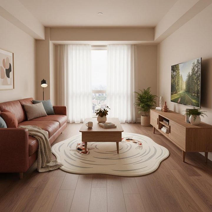 Translation missing: es.Detailed view of koi fish rug edge showing smooth finished borders, organic curved shape, soft pile construction, and refined stitching for a high-quality decorative carpet