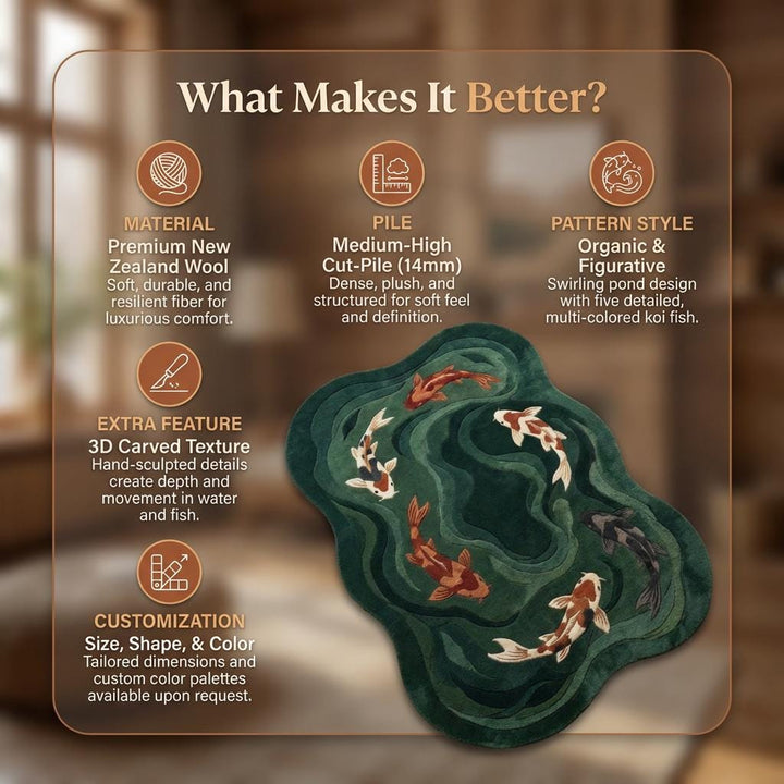 Translation missing: es.Koi Fish Hand Tufted Green Rug Organic Shape Modern Living Room