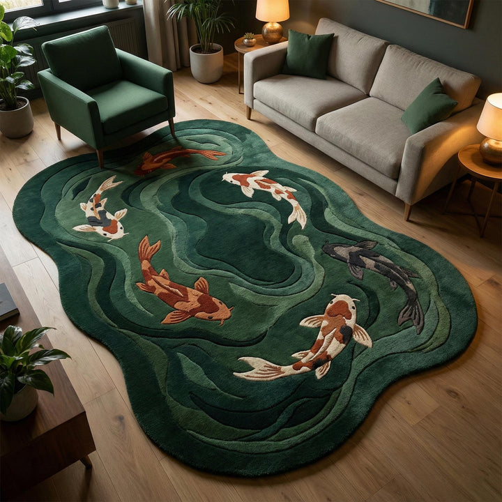 Translation missing: es.Koi fish hand tufted green wool rug with organic shape and carved textured design for modern living rooms