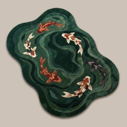 Translation missing: es.Modern artistic koi fish rug with flowing water pattern in deep green and rust tones
