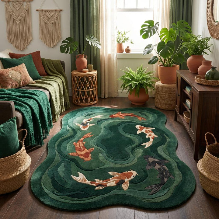Translation missing: es.Irregular shaped green wool area rug styled in contemporary nature-inspired interior