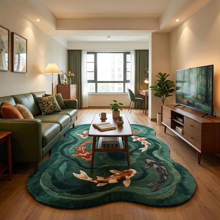 Translation missing: es.Nature inspired koi fish wool rug adding calm zen feeling to modern home interior