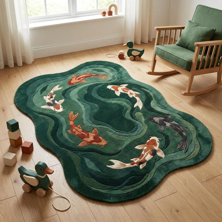 Translation missing: es.Koi Fish Hand Tufted Green Rug Organic Shape Modern Living Room