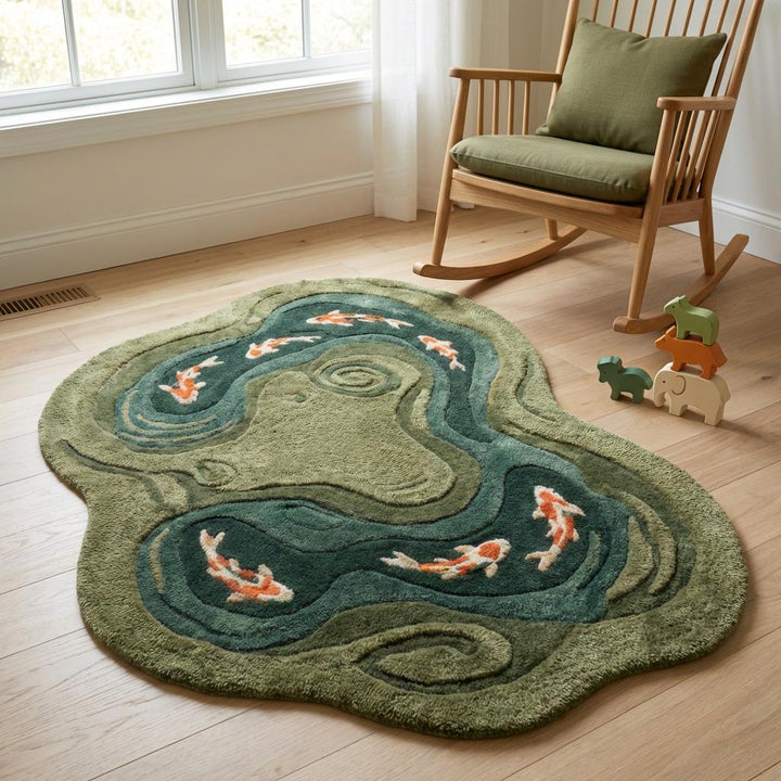 Translation missing: es.Handmade tufted green living room rug with dimensional carving and soft plush texture