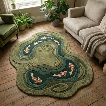 Translation missing: fr.Hand tufted Koi Fish Pond Rug with irregular organic wool design and carved koi details