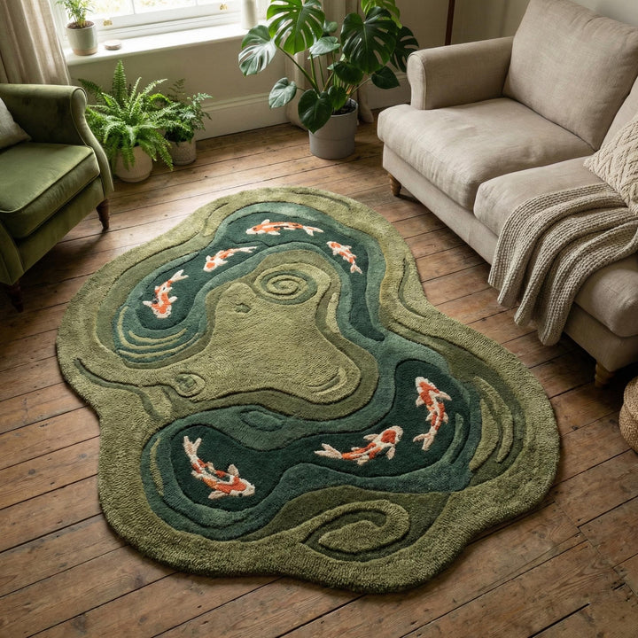 Translation missing: es.Hand tufted Koi Fish Pond Rug with irregular organic wool design and carved koi details