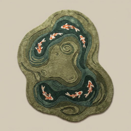 Translation missing: es.Nature-inspired green area rug with sculpted pond pattern and flowing abstract borders on wooden floor