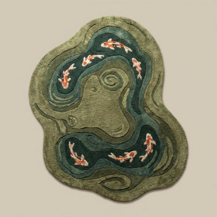 Translation missing: es.Nature-inspired green area rug with sculpted pond pattern and flowing abstract borders on wooden floor