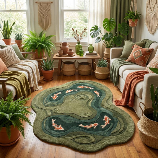 Translation missing: es.Modern artistic koi fish carpet styled between sofa and armchair in bright natural interior