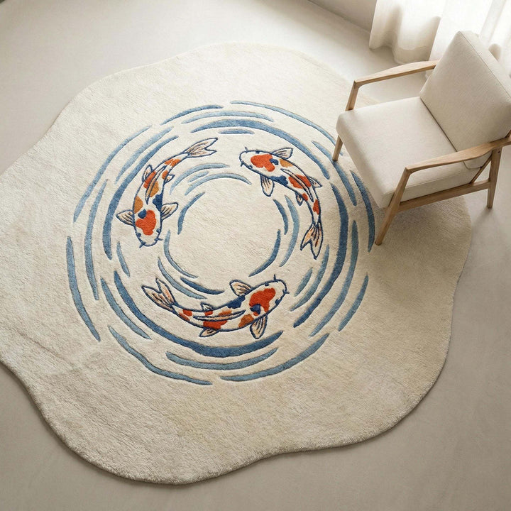 Translation missing: en.Hand-tufted irregular shaped koi fish rug in wool with vibrant blue and orange accents